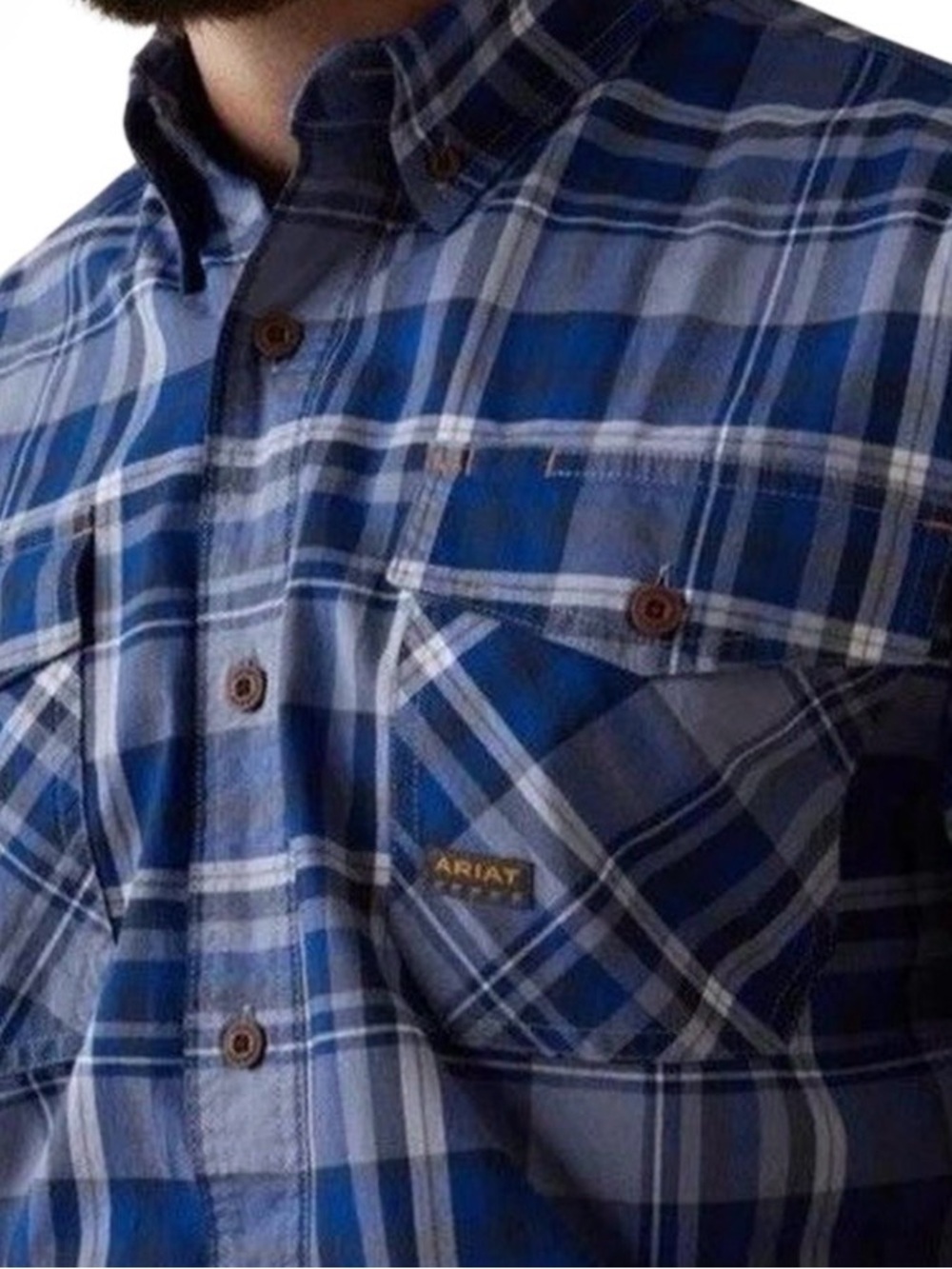 Ariat Men’s Blue and White Plaid Button-Down Work Shirt XL Tall Rebar stretch